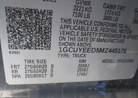 2021 Chevrolet Silverado 1500 4Wd Short Bed Rst z USA, uszkodzony, nr VIN 1GCUYEED5MZ445175